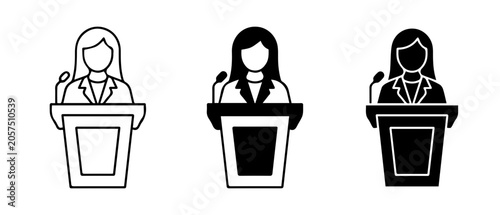 Tableau sur toile Speaker Podium Icons: Woman Speaking, Debate, Presentation, Public Address Vecto