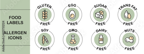Food Labels and Allergen Free Icons Set with Gluten Free, Egg Free, Sugar Free, Trans Fat Free, Soy Free, GMO Free, Dairy Free and Nuts Free Badges