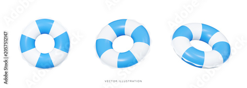 3D Inflatable swimming ring in blue icon set. Rubber pool toy. Swim lifesaver. Summer time objects. Travel and vacation. Cartoon design icons isolated on white. 3D Vector illustration