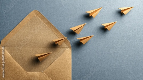 Paper airplane emerging from envelope symbolizing message delivery, mail launch, communication and idea spread, includes envelope and multiple paper airplane in flight.