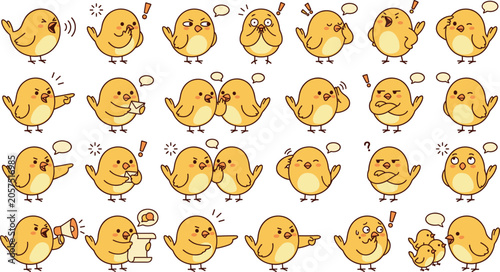 Photography Cute Yellow Bird Emoji and Expression Mascot Icon Set Featuring Cartoon Chicks W