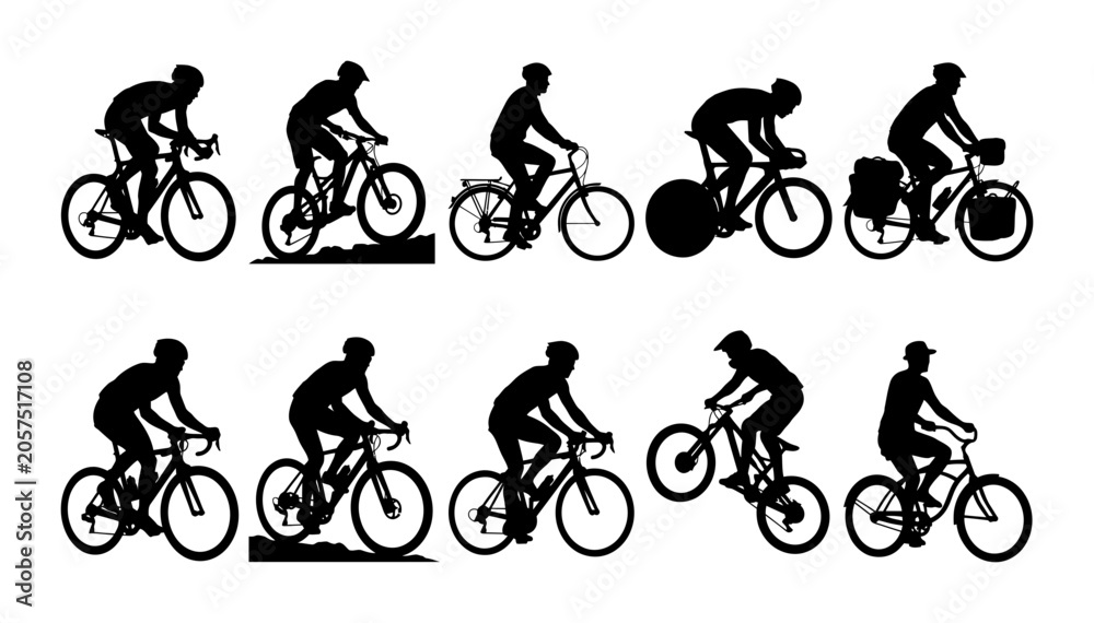 Fototapeta premium Set of Ten Distinct Black Silhouettes Illustrating Various Cycling Styles and Professional Bicycling Activities for Sports Design