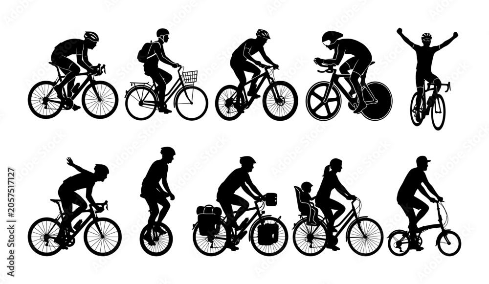 Obraz premium Set of Detailed Silhouette Illustrations Featuring Various Cyclists Riding Different Types of Bicycles Including Commuter and Road Bikes
