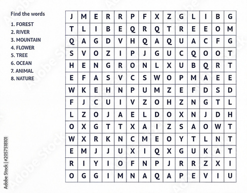 Word search puzzle of nature-themed words for educational activities