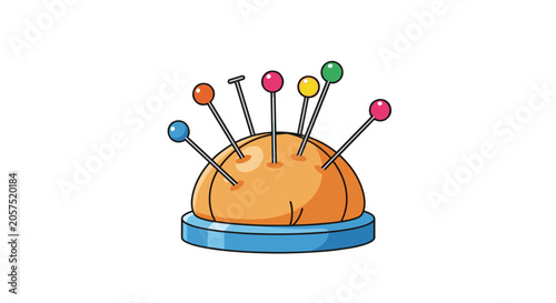 Orange circular pin cushion sits on a blue base and holds several sewing pins with bright and colorful round plastic heads.