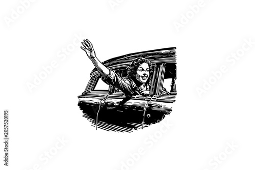 Vintage vector sketch of a smiling woman waving from a classic car window. Engraving style digital illustration of a happy female traveler driving a retro auto, isolated on white background.