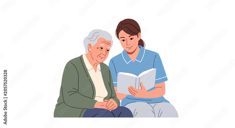 Fototapeta premium Caregiver reading a book together with an elderly woman