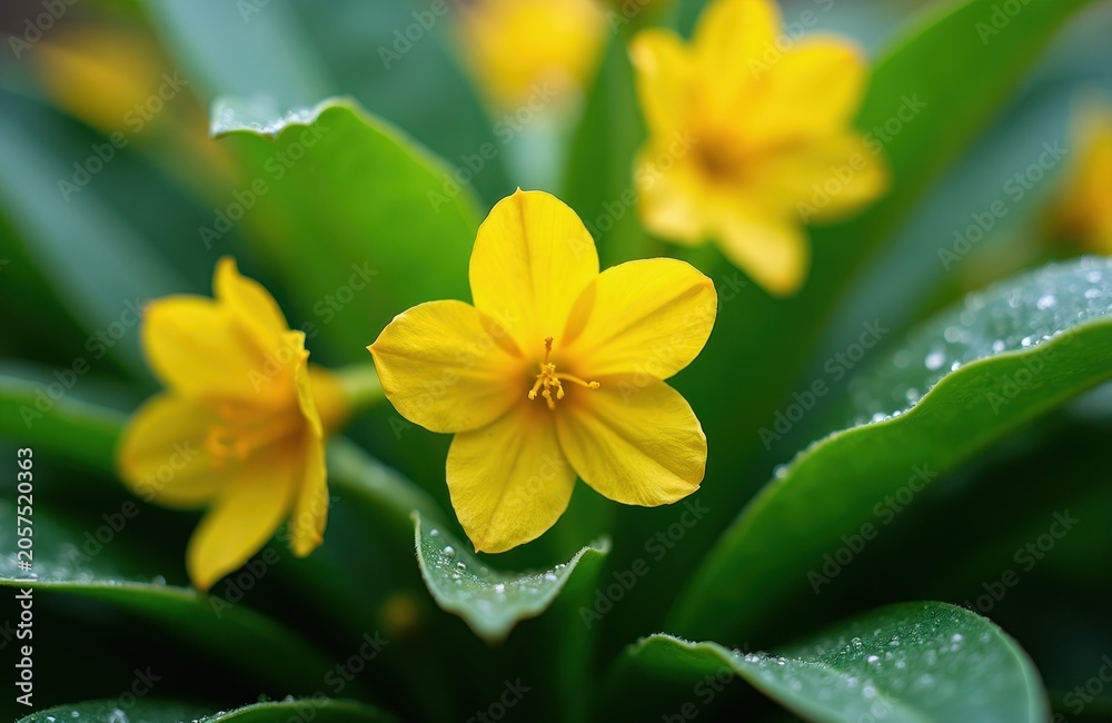 Obraz premium Close up of bright yellow wildflower with water droplets on vibrant green leaves. Small petals bloom in a garden. Nature detail, freshness after rain.
