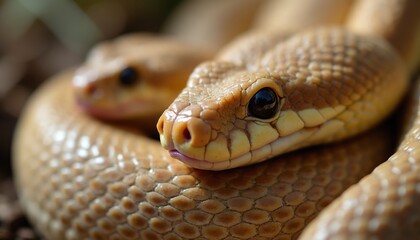 Close up shot of two pale yellow snakes resting together. One snake head is sharp in focus displaying scales and eye. Nature close up animal portrait.