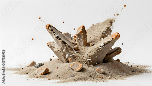 Fragmented Earth: A powerful explosion of sand and broken concrete pieces, revealing the raw, untamed forces of destruction and reconstitution.
