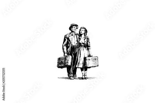 Vintage vector sketch of a retro couple walking with suitcases. Engraving style digital illustration of a man and woman traveling with vintage luggage, isolated on white background.