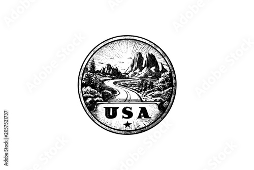 Vintage vector sketch of a USA road emblem. Engraving style digital illustration of a highway through canyon mountains in a circular frame, isolated on white background.