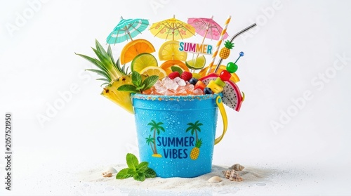 A blue bucket filled with ice and fruit on a sandy beach with summer vibes and colorful umbrellas and straws isolated on white background