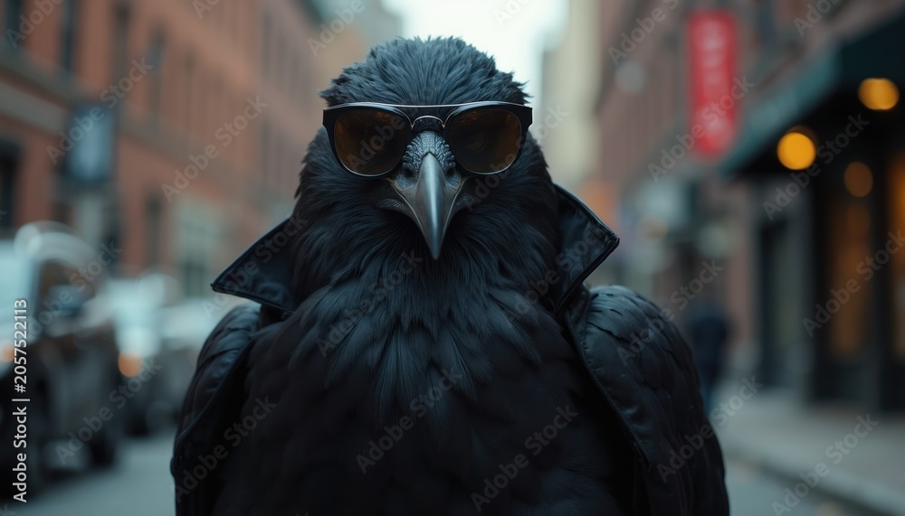 Obraz premium Raven in sunglasses and coat stands on city street. Bird looks cool and confident. Urban scene with buildings and cars. Maybe a detective or spy bird character.