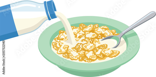 Foto Pouring milk from bottle into bowl of crispy corn flakes cereal with a spoon vec