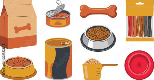 Tableau sur toile Pet food and dog treats vector icon set featuring dry kibble bowls, canned wet f