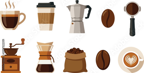 Foto Modern coffee shop brewing equipment vector set featuring moka pot, grinder, por