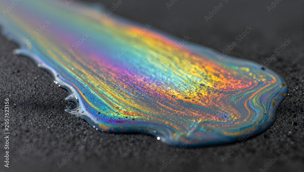 Naklejka premium Iridescent Puddle of Oil: A puddle of iridescent oil shimmers with a rainbow of colors on a dark, textured surface, creating a mesmerizing abstract pattern.