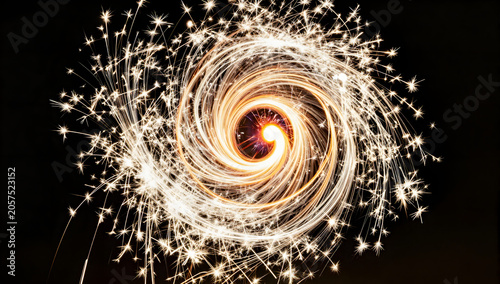 Sparkler Swirl in Darkness: A mesmerizing spiral of light created by a sparkler twirling in the dark, evoking a sense of magic and celebration.