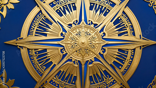 Golden Compass Design: An intricate golden compass rose intricately designed with celestial motifs against a deep blue backdrop, symbolizing guidance and exploration.