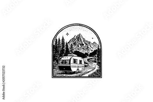 Vintage vector sketch of a camper trailer on a mountain road. Engraving style digital illustration of a retro caravan road trip emblem, isolated on white background.