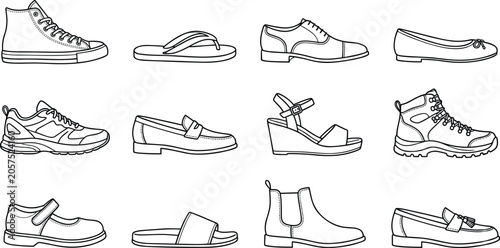 Bild auf Leinwand Footwear and shoes doodle line icon set featuring sneakers dress shoe boot flats sandal loafer flip flop chelsea and wedge vector elements