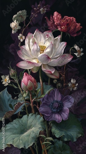 Romantic Floral Painting Featuring Blooming Lotus And Vintage Flowers