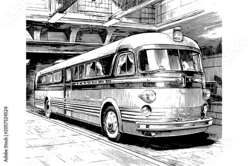 Vintage vector sketch of a classic retro passenger bus. Engraving style digital illustration of a 1950s streamliner coach inside a station or terminal, isolated on white background.