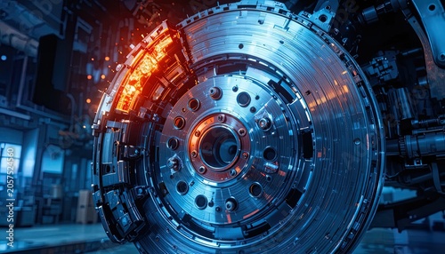 Futuristic Machine Part in a High-Tech Industrial Setting with Blue and Orange Lighting