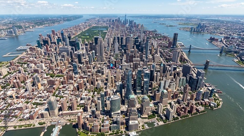 Spectacular aerial view of Manhattan island showcasing Central Park, iconic skyscrapers, and surrounding rivers