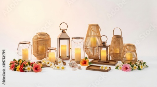 A serene arrangement of wicker lanterns and candles surrounded by vibrant flowers on a white surface for a peaceful ambiance