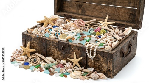 A treasure chest filled with seashells, starfish, pearls, and sea glass on a white background, spilling out onto the surface