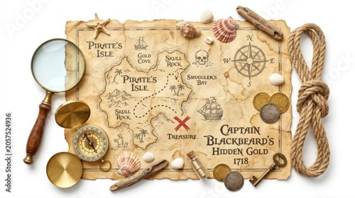 Pirate treasure map with magnifying glass and nautical objects on white background