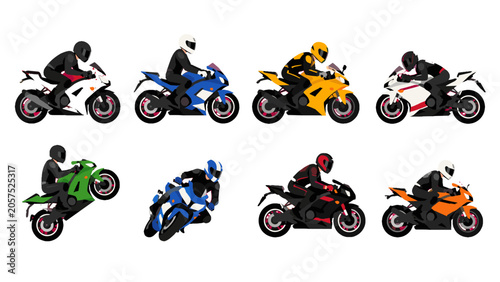Quadro su tela Set of sport motorcycles with riders in racing gear