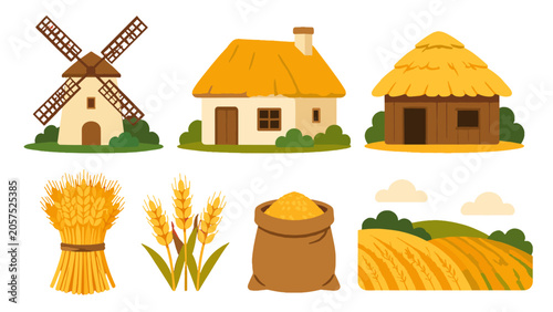 Foto Set of rural farm buildings and wheat harvest vector icons