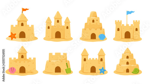 Canvastavla Set of playful sandcastle illustrations with beach shells