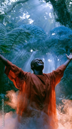 Person stands in forest, arms raised, eyes closed, soaking in sunlight. Mist swirls around, surrounding them. Peaceful, spiritual moment, nature embracing soul. Great for meditation, wellness