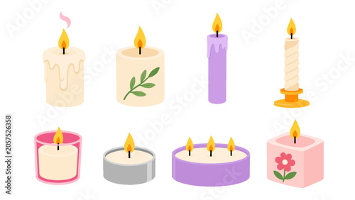 Foto Set of decorative burning candles in flat vector style