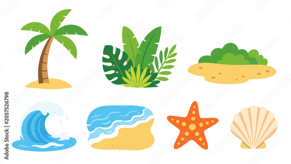 Obraz premium Tropical beach element set with palm tree wave shell and plants