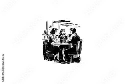 Vintage vector sketch of friends at a retro diner. Engraving style digital illustration of people sitting at a cafe table, drinking coffee and talking, isolated on white background.