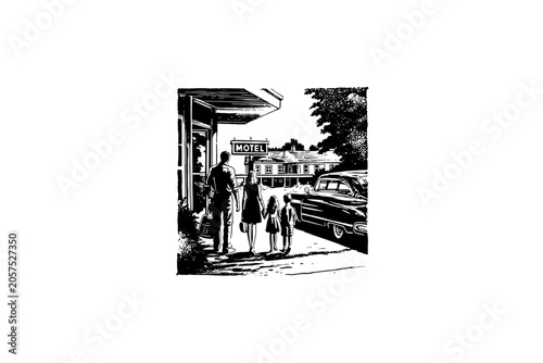 Vintage vector sketch of a family arriving at a retro motel. Engraving style digital illustration of parents and kids with a classic car on a road trip, isolated on white background.