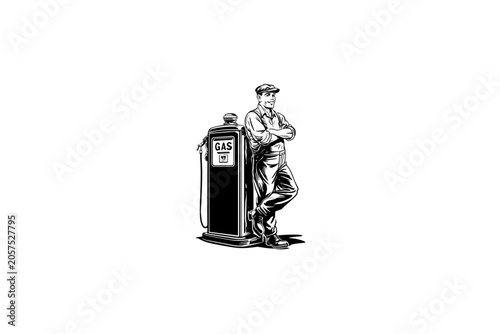 Vintage vector sketch of a gas station worker leaning on a retro pump. Engraving style digital illustration of a smiling mechanic in overalls, isolated on white background.