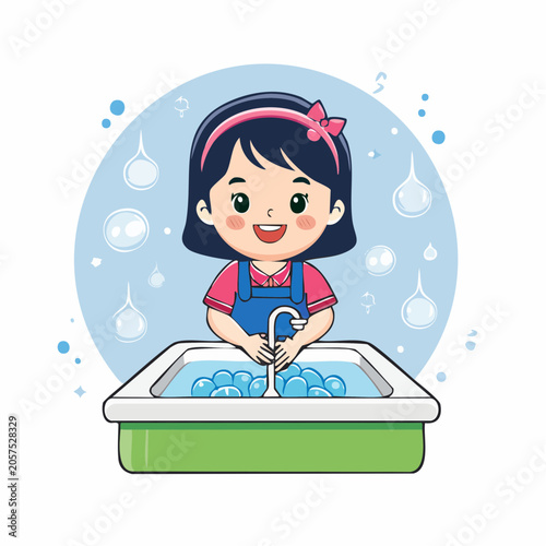 Cute Girl Washing Hands with Soap and Water