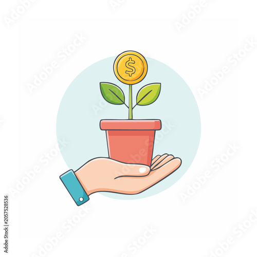 Hand holding plant in red pot isolated