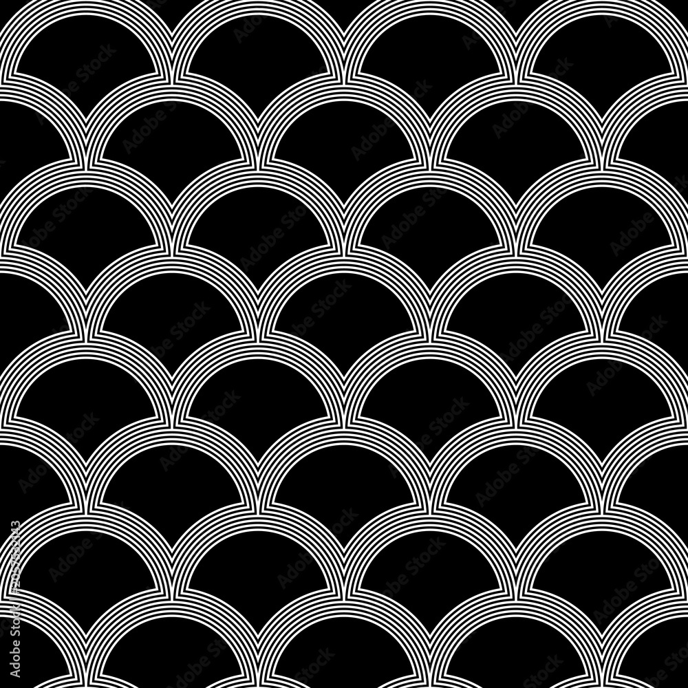 Obraz premium Fish scale wallpaper. Asian traditional ornament with repeated scallops. Repeated white curves on black background. Seamless surface pattern design with semicircles. Grid motif. Digital paper. Vector.