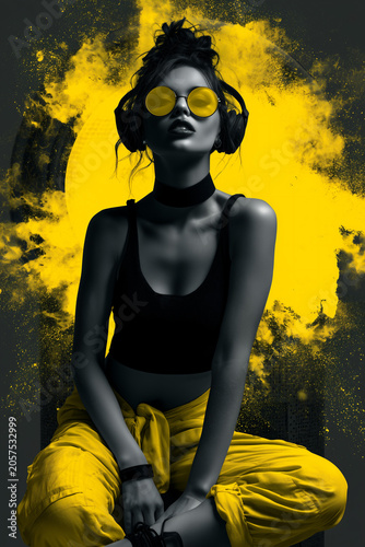futuristic techno woman with explosive audio energy, cyber music lady with powerful sound burst, electronic female dj with dynamic speaker energy background