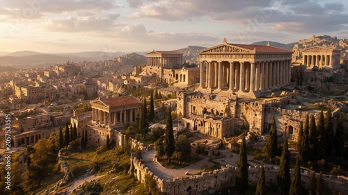 Ancient Rome cityscape with classical temples and ruins unfolding in a sweeping aerial view at sunset