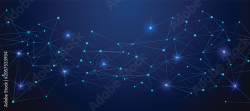 Abstract digital network background with glowing connected nodes and bright lines on a dark blue gradient illustrating data communication, technology flow, and futuristic connectivity.