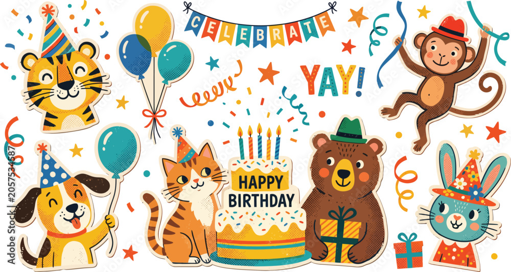 Naklejka premium Happy Birthday Party Animals Celebration with Balloons Confetti and Festive Decorations