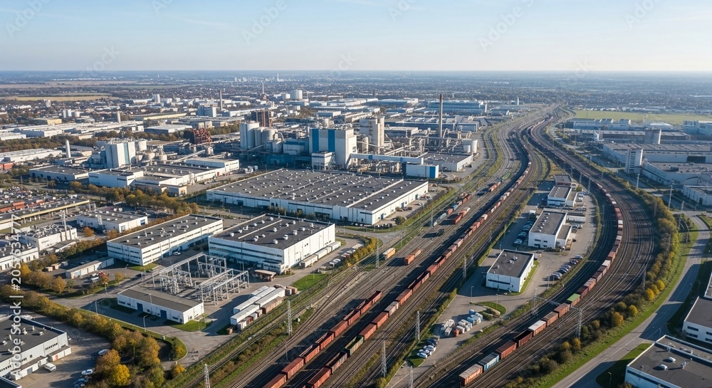 Fototapeta premium Expansive industrial estate with freight trains on railway lines, viewed from above on a clear day